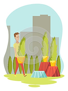 Urban gardening, person who takes care of plants. Ecological and sustainable green lifestyle. Urban environment concept