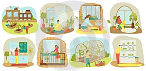 Urban gardening, plants and vegetables or agriculture set of vector illustrations. Planting garden on balcony, in