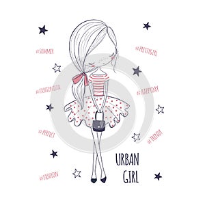 Urban girl. Childish doodle graphic for kids clothing