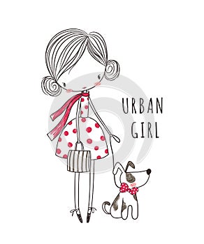 Urban girl with dog. Fashion illustration for clothing