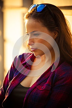 Urban girl portrait outdoor in city summer day