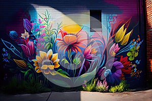 urban graffiti art featuring mural of vibrant flower garden