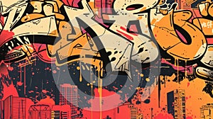 Urban Graffiti Art on Wall with Vibrant Cityscape Background photo