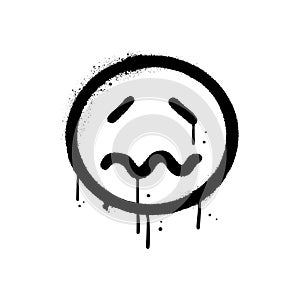 Urban graffiti crying emoji in black over white. Sad vintage emoticon. Textured vector illustration.