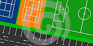 Urban graphic of a soccer field. The playing field and customer car parks.