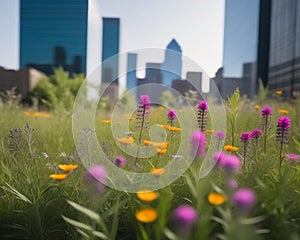 Urban green space with wildflowers. Bokeh skycrapper on the background. generative ai