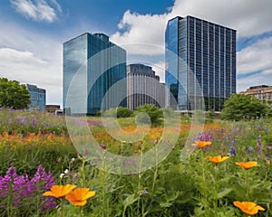 Urban green space with wildflowers. skycrapper on the background. generative ai