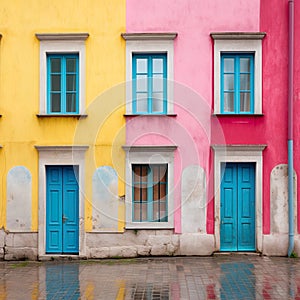 urban history with this minimalist photo capturing the facades of old, colorful buildings