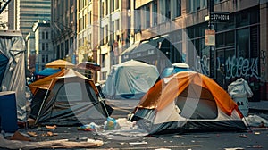 Urban Homelessness: Tents on a Littered City Street at Dusk. Generative ai