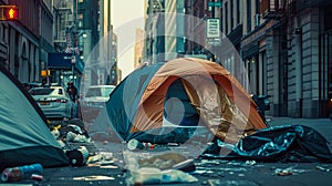 Urban Homelessness: Tents on a Littered City Street at Dusk. Generative ai