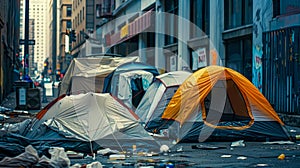 Urban Homelessness: Tents on a Littered City Street at Dusk. Generative ai