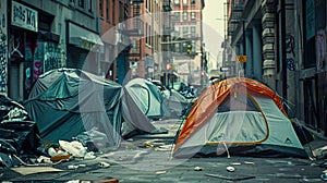 Urban Homelessness: Tents on a Littered City Street at Dusk. Generative ai photo