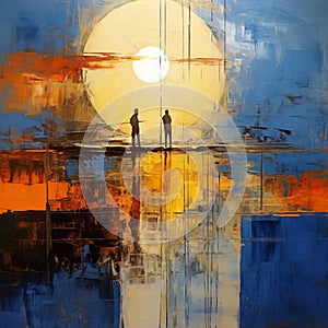 Urban Impressionism: Two Figures Near The Sun In A Surrealistic Painting