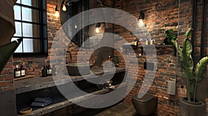 Urban industrial bathroom with exposed brick, matte black fixtures, concrete sink, and Edison bulb lighting, blending