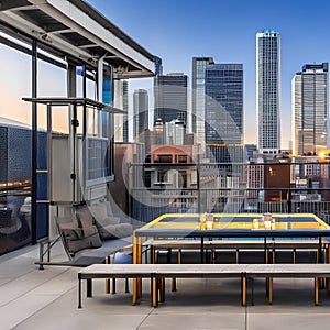 Urban Industrial Rooftop: A rooftop terrace with metal furniture, graffiti art, and city skyline views2, Generative AI