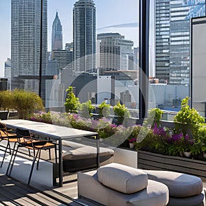Urban Industrial Rooftop: A rooftop terrace with metal furniture, graffiti art, and city skyline views4, Generative AI