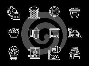 Urban infrastructure black line icons set