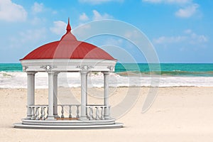 Urban Infrastructure Garden or Park Circle Gazebo with Greek Columns and Green Roof, or Pergola on the Ocean or Sea Sand Beach. 3d