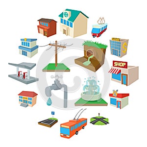 Urban infrastructure icons set, cartoon style