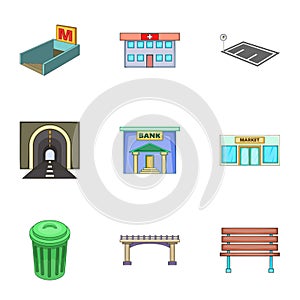 Urban infrastructure icons set, cartoon style