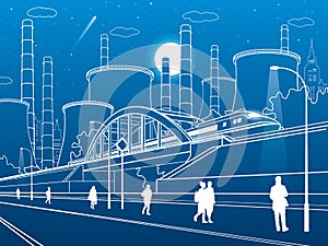 Urban infrastructure illustration. People walking at the street. Train move on bridge. Illuminated highway. Factory thermal power
