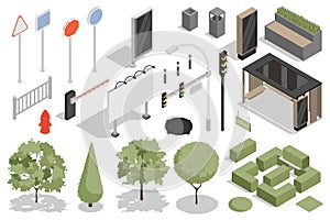 Urban infrastructure isometric elements constructor mega set. Creator kit with flat graphic signposts, banners, fences, lanterns,