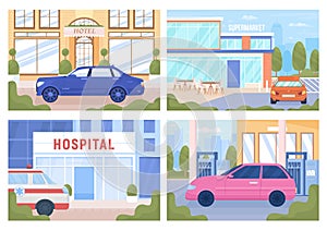 Urban infrastructure objects flat color vector illustrations set