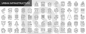 Urban infrastructure web icons set in thin line design. Pack of skyscraper, car service, highway, clinic, ladder, hotel, subway,