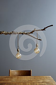 Urban interior wooden table and branch lamp