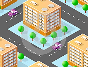 Urban isometric area with building trees lawns