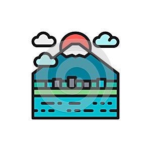 Urban japanese landscape, mount Fuji flat color line icon.