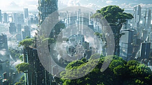 urban jungle integration, the citys skyline integrates smoothly with a dense forest, with skyscrapers intertwined with photo
