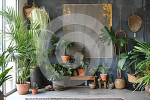 Urban jungle interior mockup of a caf and lounge. Space greening, Scandinavian loft-style interior with large windows and wooden photo