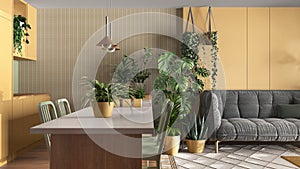 Urban jungle, kitchen with island and living room in white and yellow tones. Sofa , carpet and houseplants. Home garden interior