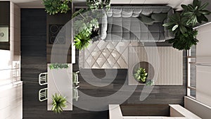 Urban jungle, kitchen and living room in white and dark tones. Dining table and houseplants. Home garden interior design. Top view