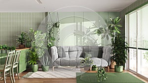 Urban jungle, kitchen and living room in white and green tones. Dining table, parquet floor and houseplants. Home garden interior
