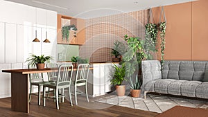 Urban jungle, kitchen and living room in white and orange tones. Dining table, sofa and houseplants. Home garden interior design.
