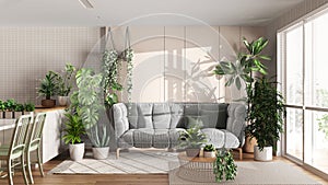 Urban jungle, kitchen and living room in white and wooden tones. Dining table, parquet floor and houseplants. Home garden interior