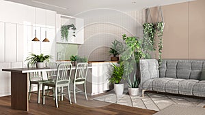 Urban jungle, kitchen and living room in white and wooden tones. Dining table, sofa and houseplants. Home garden interior design.