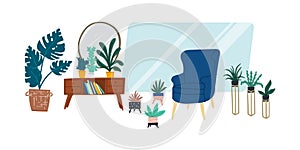 Urban jungle and scandinavian style flat interior design with armchair and indoor plants. Cartoon doodle concept for landing page