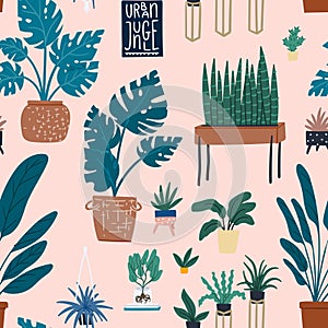 Urban jungle seamless pattern. Cartoon flat hand drawn potted houseplants modern scandinavian design background for