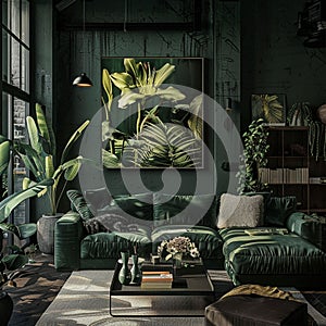 Urban jungle in trendy living room interior design