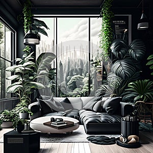 Urban jungle in trendy living room interior with white couch