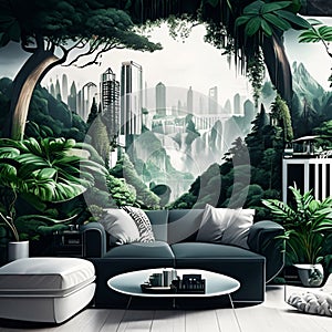 Urban jungle in trendy living room interior with white couch