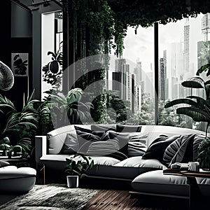 Urban jungle in trendy living room interior with white couch