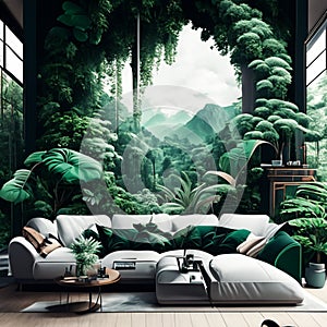 Urban jungle in trendy living room interior with white couch