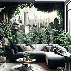 Urban jungle in trendy living room interior with white couch