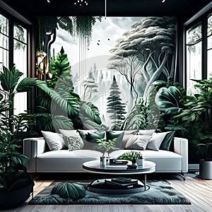 Urban jungle in trendy living room interior with white couch