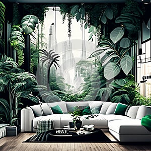 Urban jungle in trendy living room interior with white couch