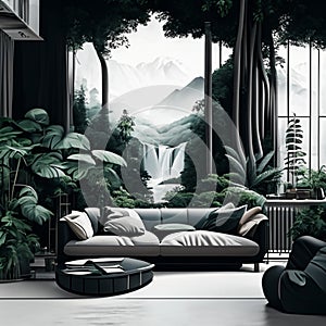 Urban jungle in trendy living room interior with white couch